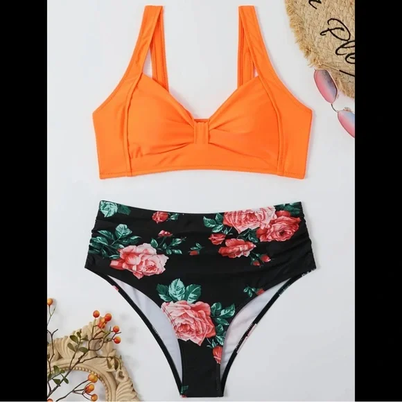 Orange & Black, Floral, Bikini Set - Picture 2 of 8